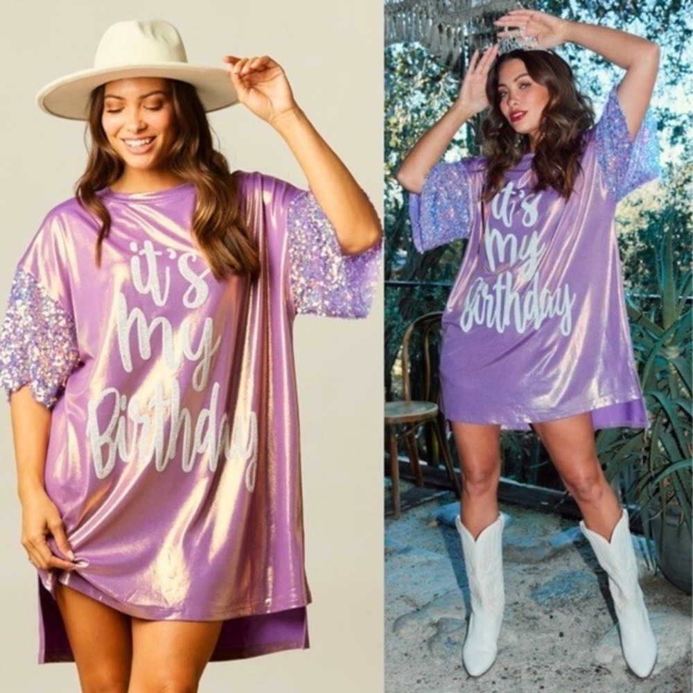 Fantastic Fawn Purple Metallic "Its My Birthday" Sequin‎ Mini Dress Oversized MD